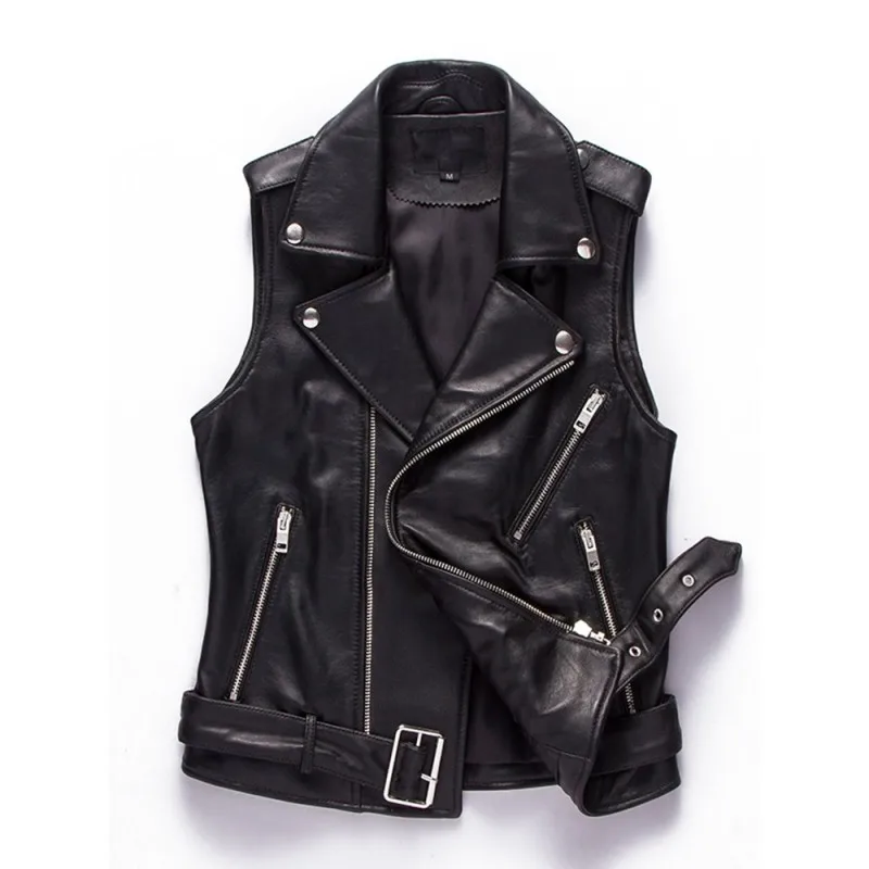 Жилет женский короткий из натуральной кожи мотоциклетная куртка без рукавов
