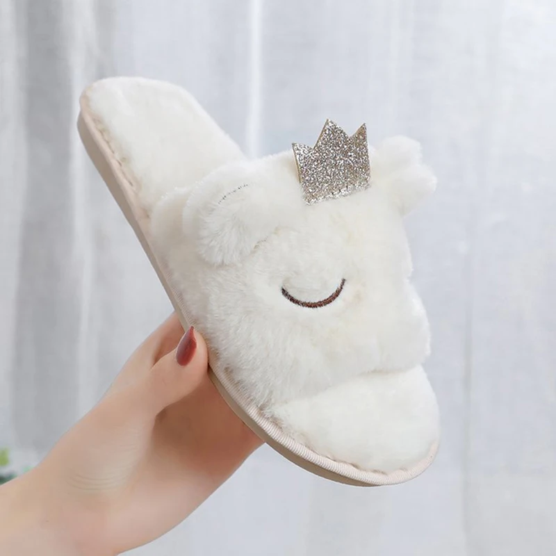 

2021 winter home indoor ladies casual open-toed fluffy plush slippers faux fur plush cute cartoon slippers warm home slippers