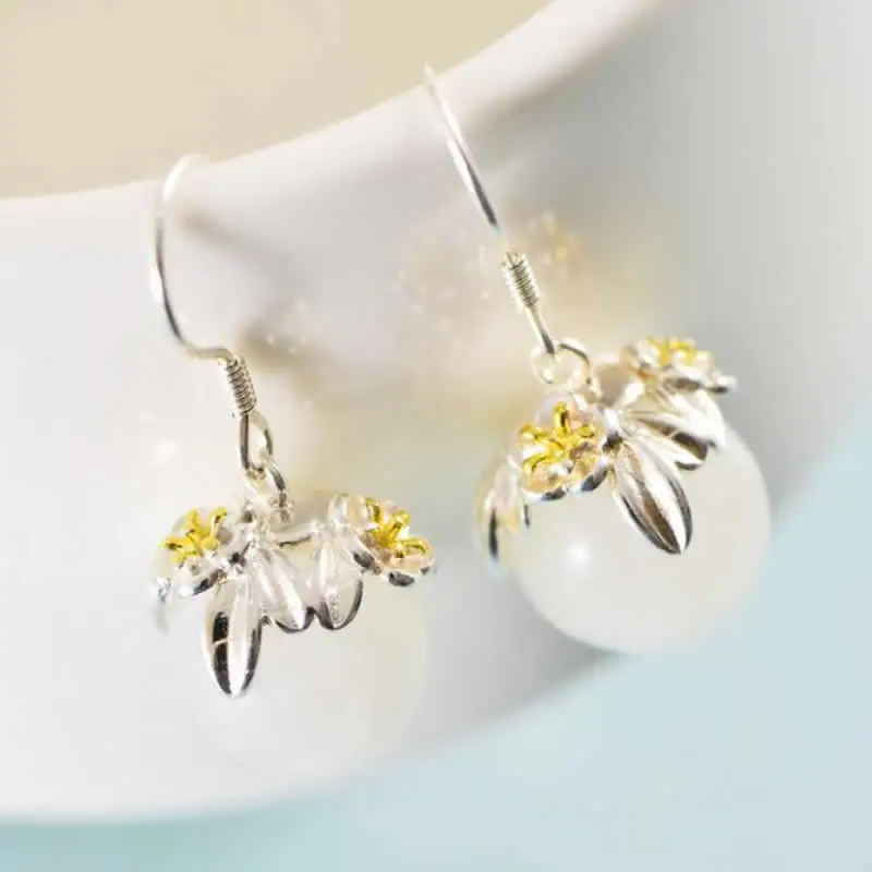 

Pure S925 Silver Earrings Women White Jade Ball Flower Dangle Earrings