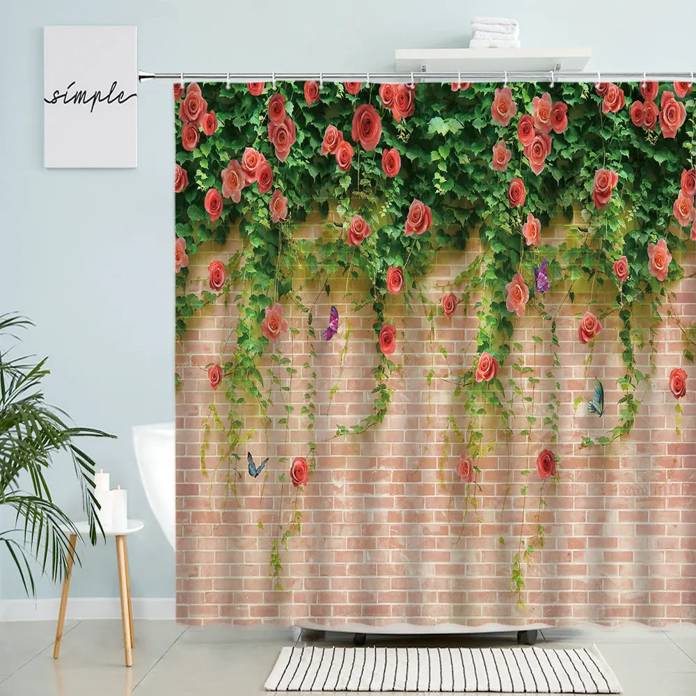 

Flower Wall Shower Curtain Rustic Retro Red Brick Rose Green Plant Vine Leaf Butterfly Natural Scenery Waterproof Bathroom Decor