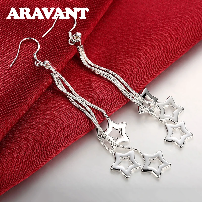 

925 Silver Star Long Chain Drop Earrings For Women Fashion Silver Jewelry
