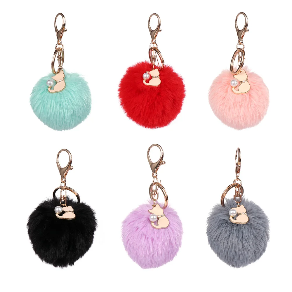 1 шт. милый розовый Кот пушистый меховой шарик помпон брелок для ключей Женская