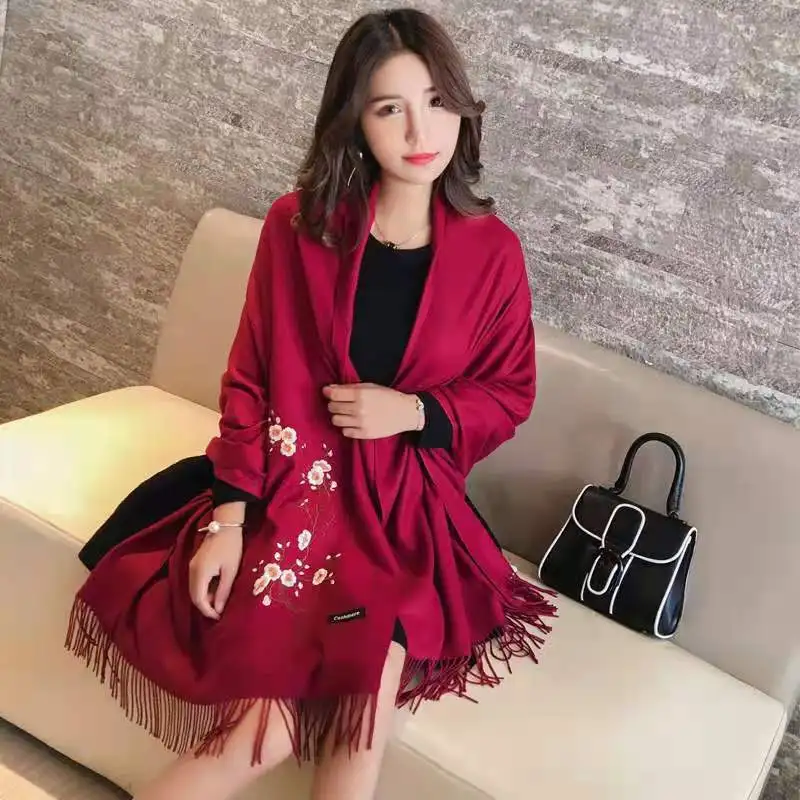 

Red scarf Winter Scarf travel warm long plum blossom embroidery national style warm scarf shawl female winter