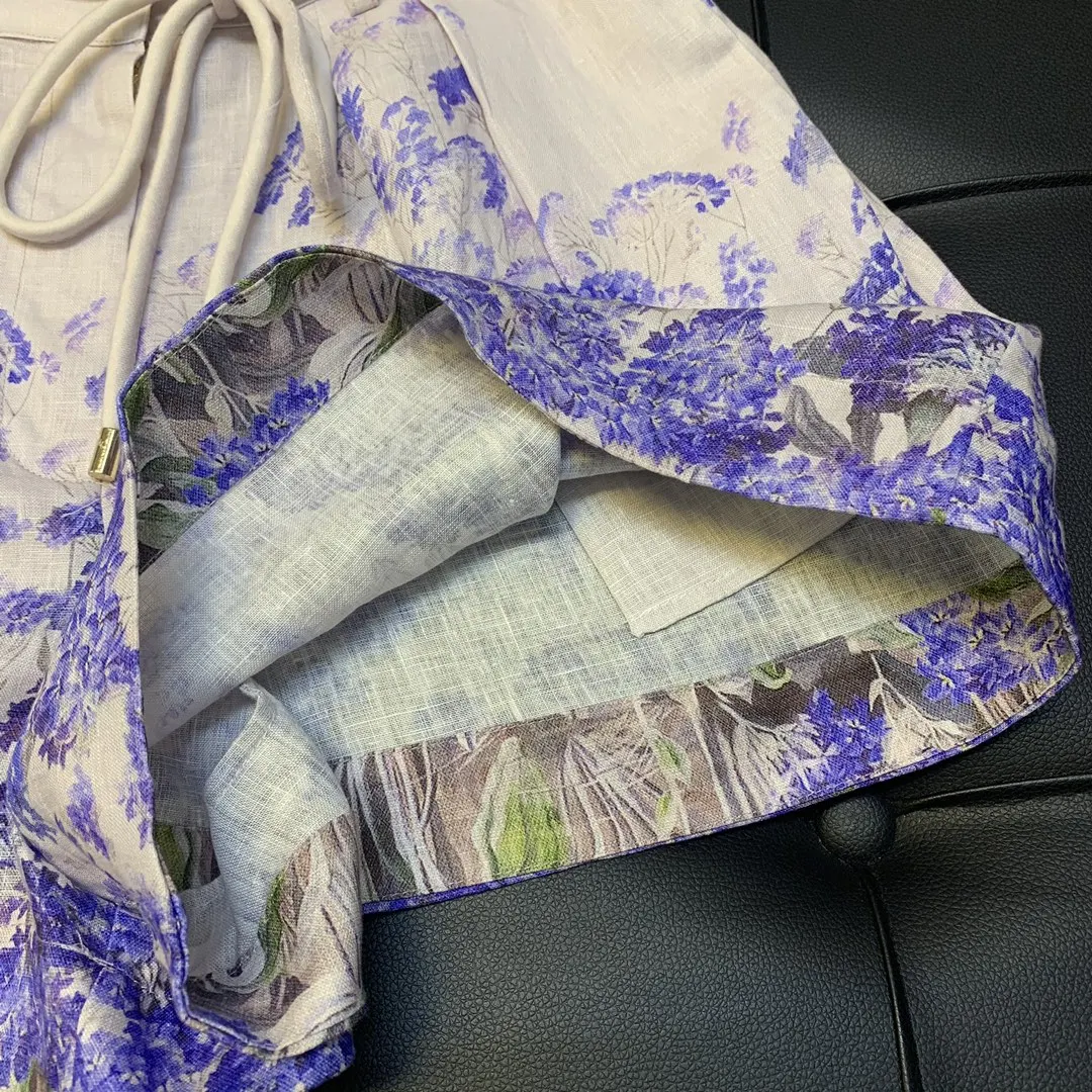 

2021 new women fashion loose lace high waist wide leg linen printed shorts 0419