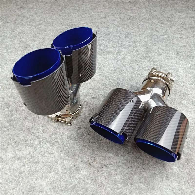 

One Pair Car Styling Grilled Blue Glossy Carbon Fiber Stainless Steel Muffler Tip Car universal For Akrapovic Exhaust Pipe