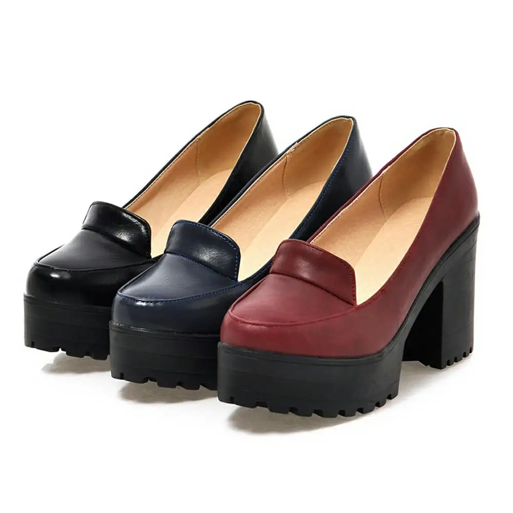 

GIGIFOX 2021 Solid Slip On Square High Heels Shallow Platform Shoes For Women Casual Office Lady Autumn Pumps Plus Size 34-46