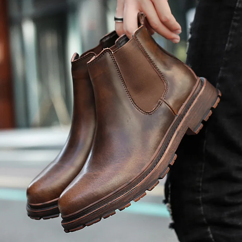 Мужские высокие ботинки на резинке, коричневые рабочие ботинки безшнуровки, выцветающие, на все сезоны