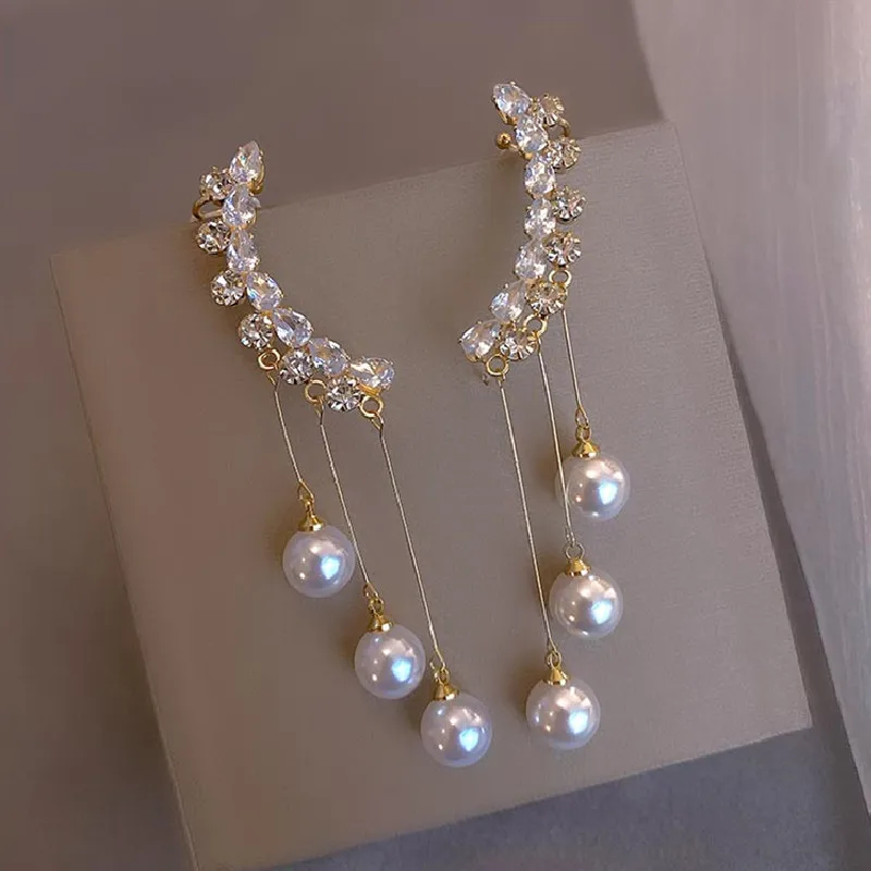 

New Zircon Earrings for Women Luxurious Ear Clip Long Dangle Earrings Tassel Jewelry Female Drop Earrings Pearl Earrings Gifts