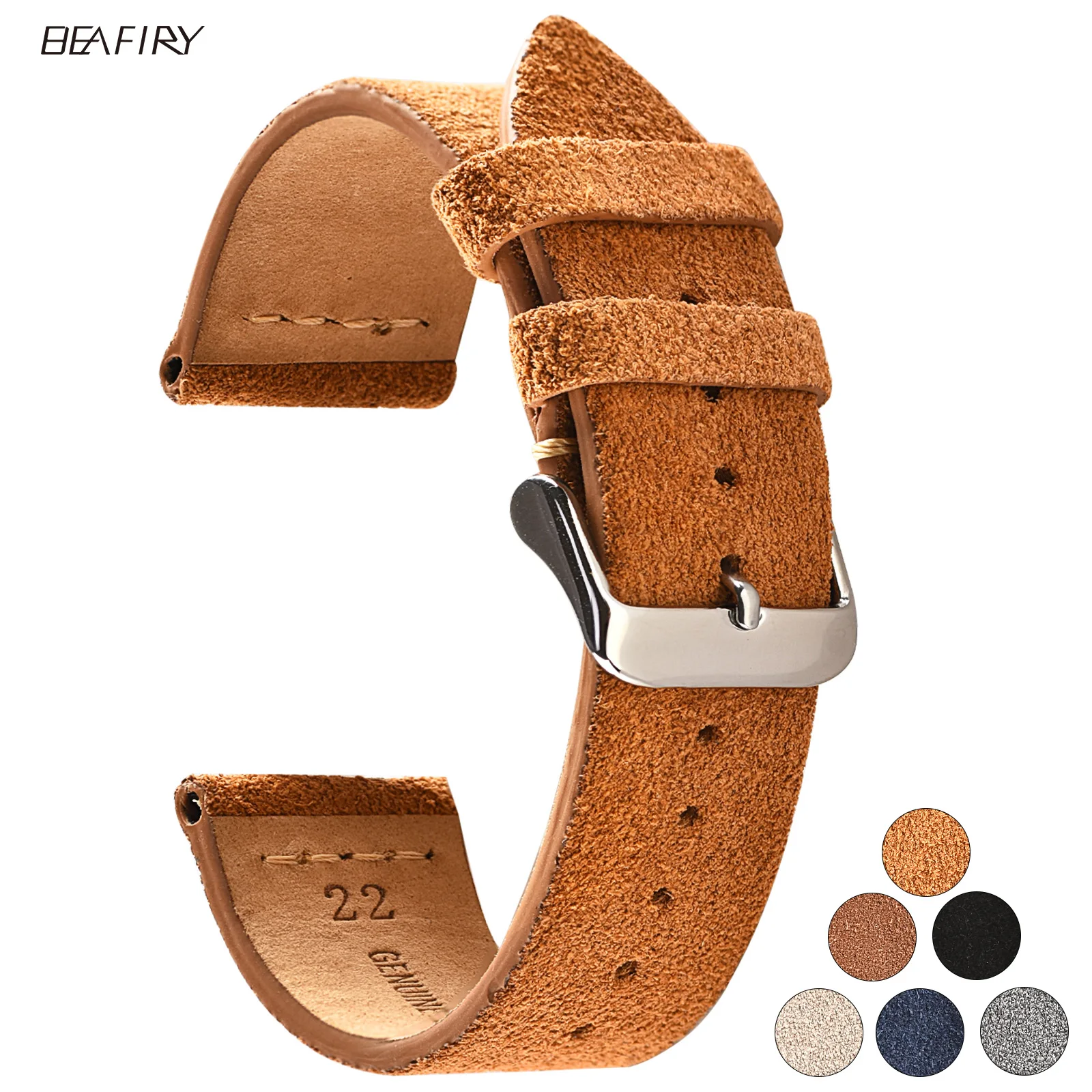 BEAFIRY Watch Band 18mm 20mm 22mm Suede Calfskin Leather Strap Watchband for huawei fossil Men Women Brown Black Grey White Blue