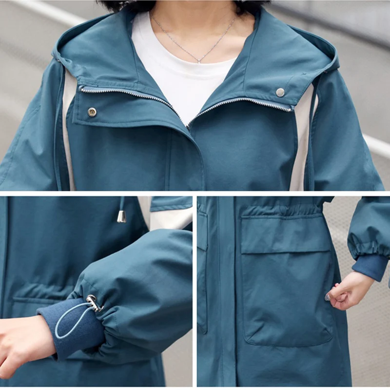 

High Quality Casual Women Long Trench 2020 Spring Autumn Hooded Lining Windbreaker Coat Large Size Female Overcoat Blue Black 12