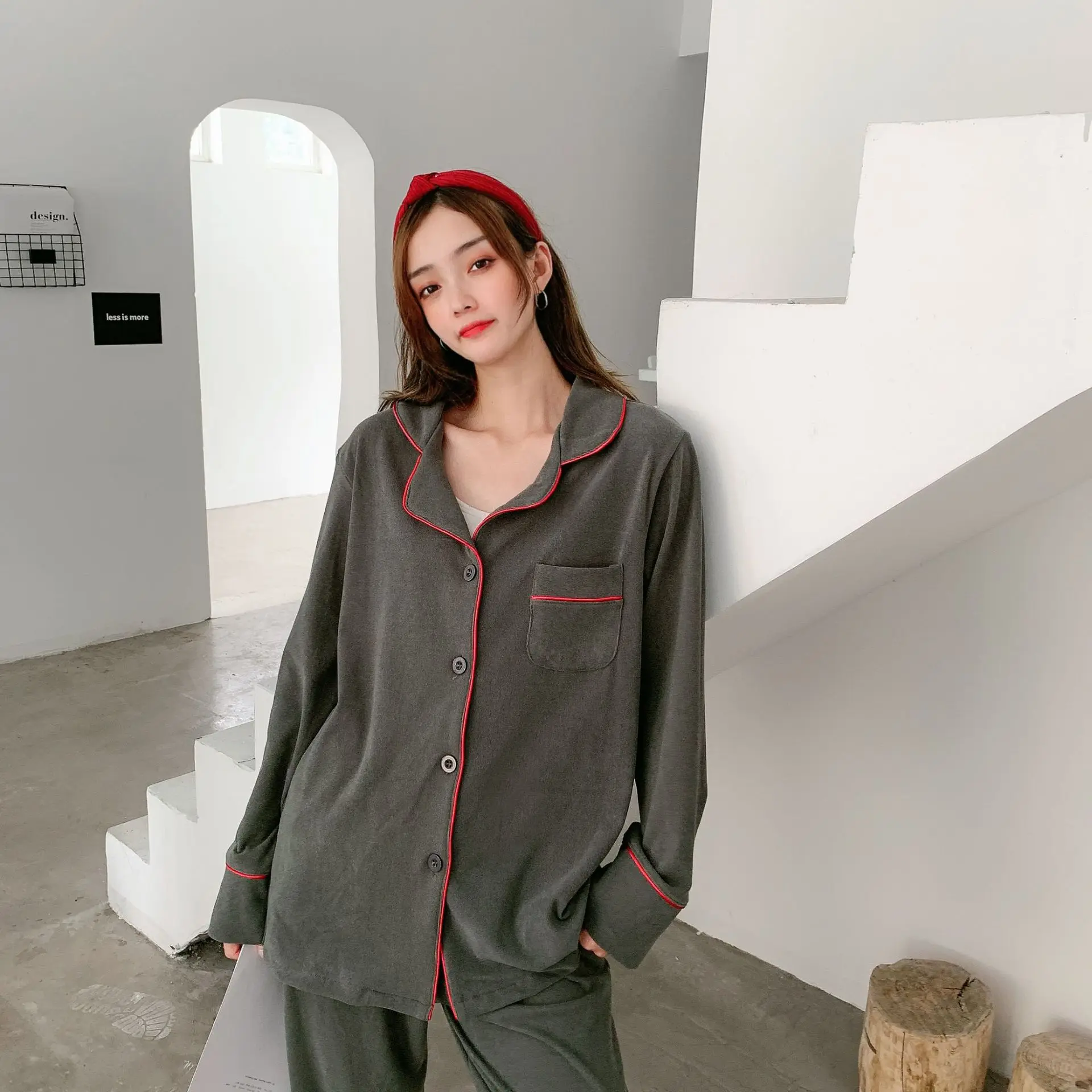 

Autumn Winter Long Sleeve Women Pajamas Thick Velvet Solid Color Simple Plus Size Home Clothes with Pocket Pajamas with Pants