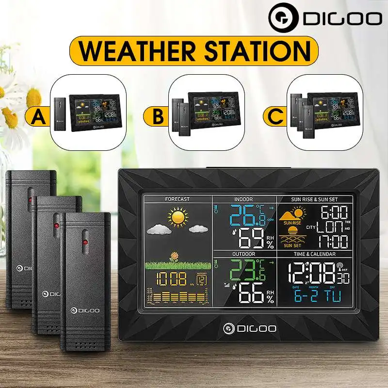 

DIGOO DG-TH8988 LCD Color Weather Station + Outdoor Remote Sensor Thermometer Humidity Snooze Clock Sunrise Sunset Calendar