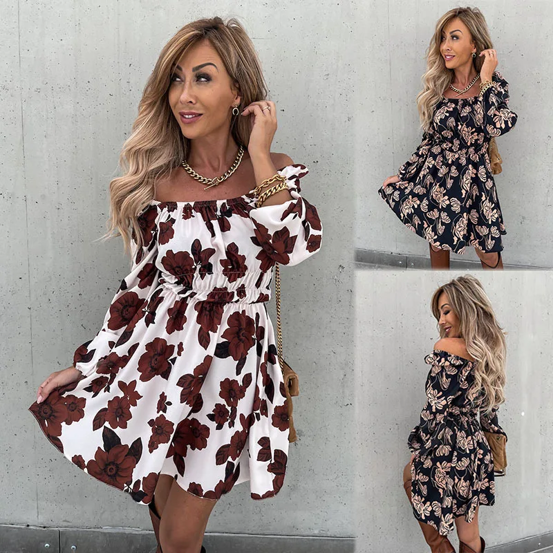 2021 Autumn/winter New Women's Printed Shoulder Dress Clothing Women Slash Neck Above Knee Mini | Женская одежда