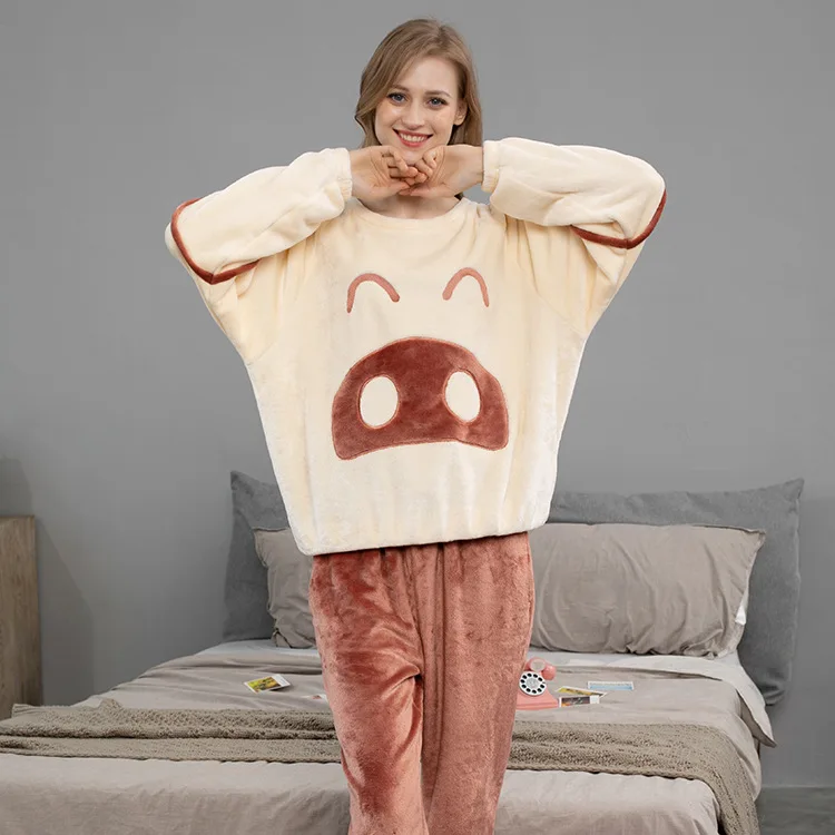 

2 Pcs Winter Men's Pajama Warm Cartoon Anime Cute Sleepwear Hooded Flannel Thicken Couple Pyjama Plus Size Female Home Clothes