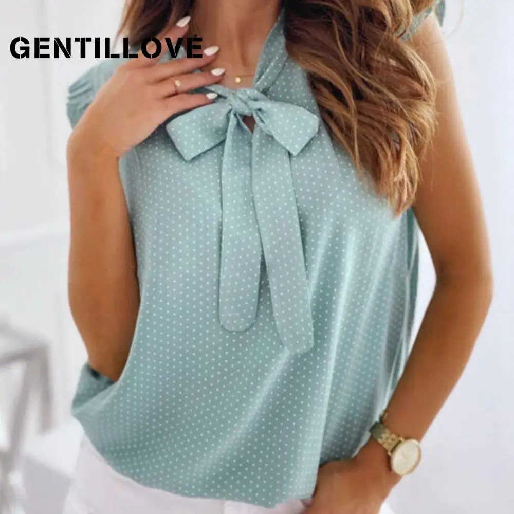 

Gentillove Elegant Ruffles Short Sleeve Tie Bow Loose Blouse Casual Polka Dot Shirts Womens Summer Sexy Tops Vintage Tunic 2021