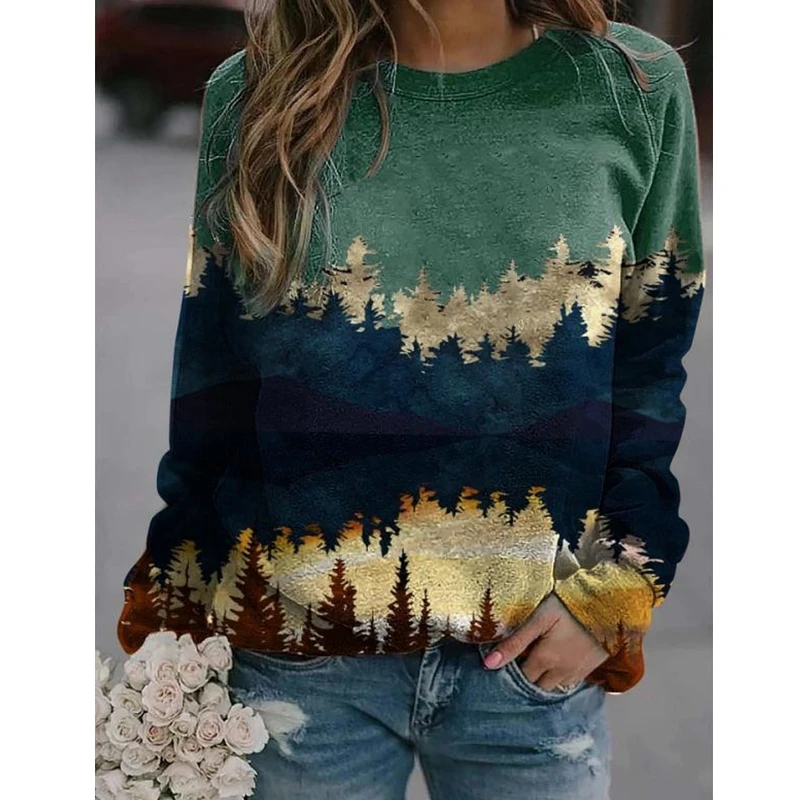 

Sweatshirts Vintage Women Plus Size Landscape Print Long Sleeve Pullover Round Neck Casual Tops Lugentolo