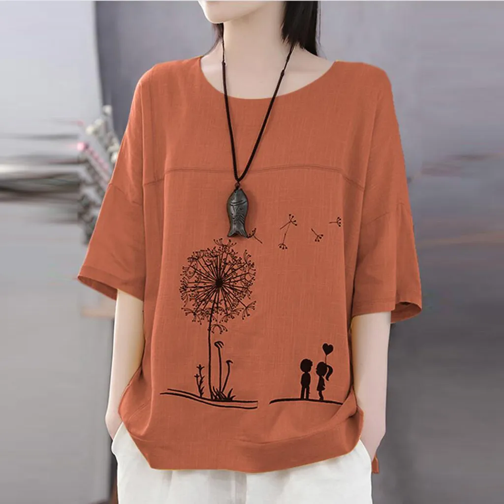Женская блузка с принтом персонажа Повседневная хлопковая и льняная круглым