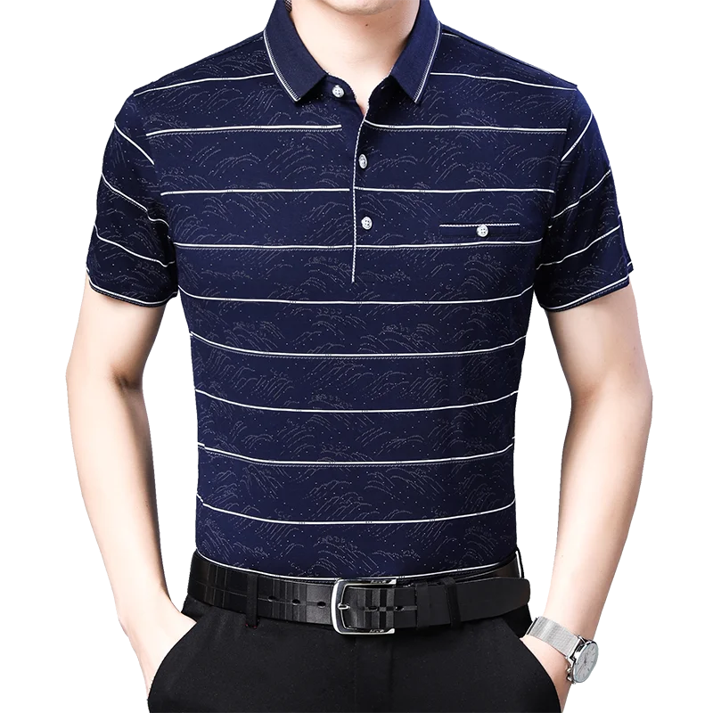 TFETTERS летняя хлопковая Футболка мужская синяя полосатая рубашка с коротким