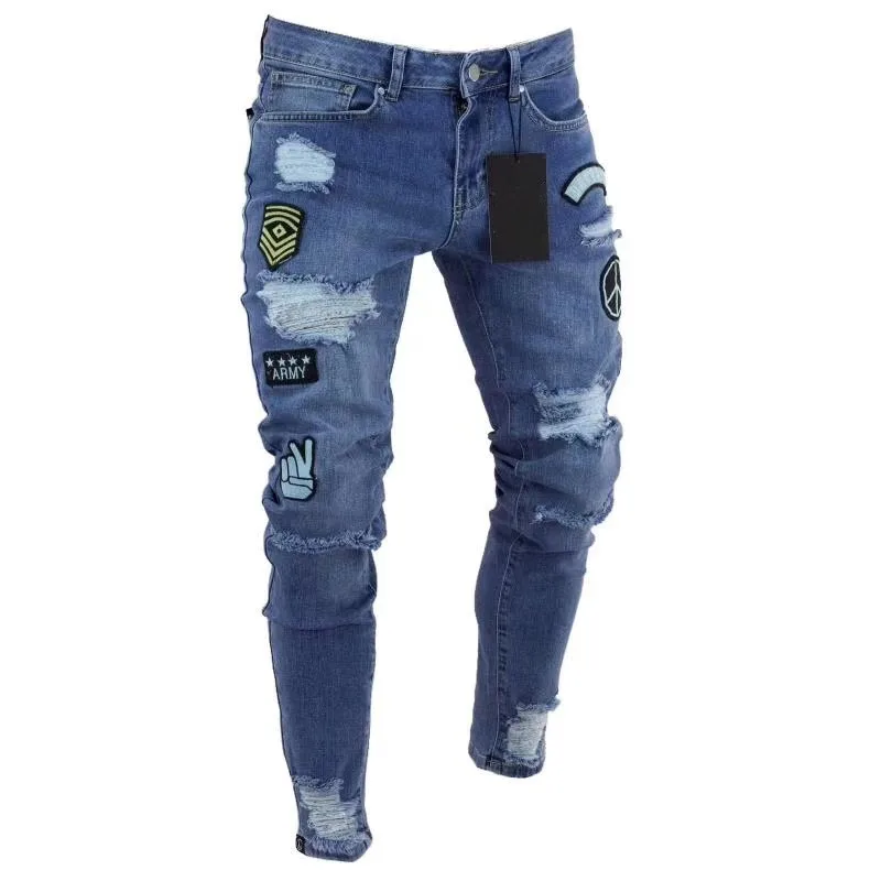 

Nanaco Men Stretchy Ripped Skinny Biker Embroidery Print Jeans Destroyed Hole Taped Slim Fit Denim Scratched Male Denim Pants