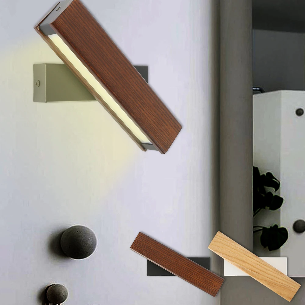 Скандинавская твердая древесина LED Вращающаяся настенная лампа Современное