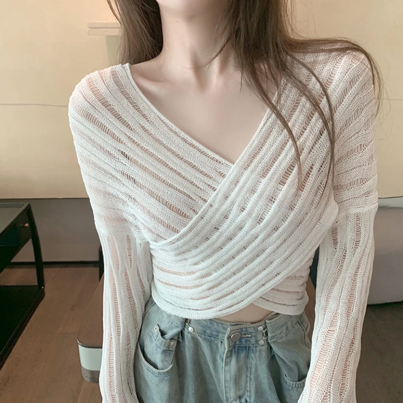 

Zoki Knitted Women T Shirt Sexy Cross White Long Sleeve Hollow Out Tees Fashion Summer Thin Crop Top Korean Summer Female Tshirt
