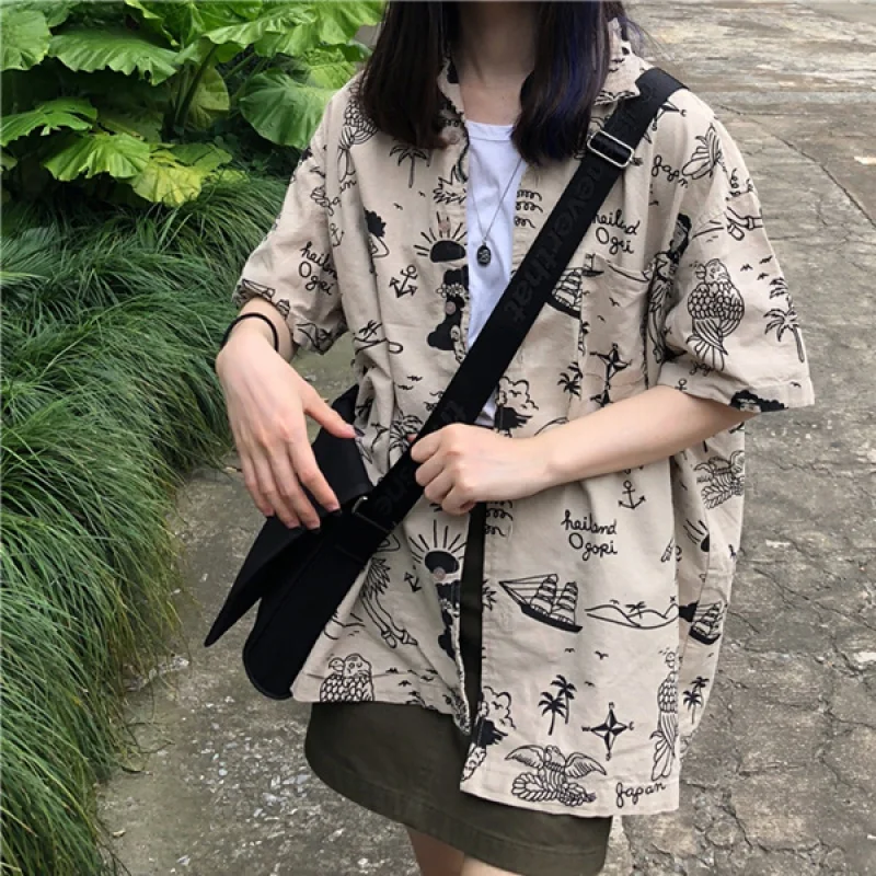 Летняя свободная винтажная рубашка Ulzzang с коротким рукавом женские летние
