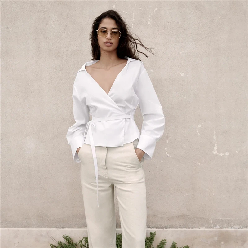 

New White Belt Shirts For Women Long Sleeve Solid V-neck Sashes Blouse & Shirts Female Causal Tops Office Lady clothes