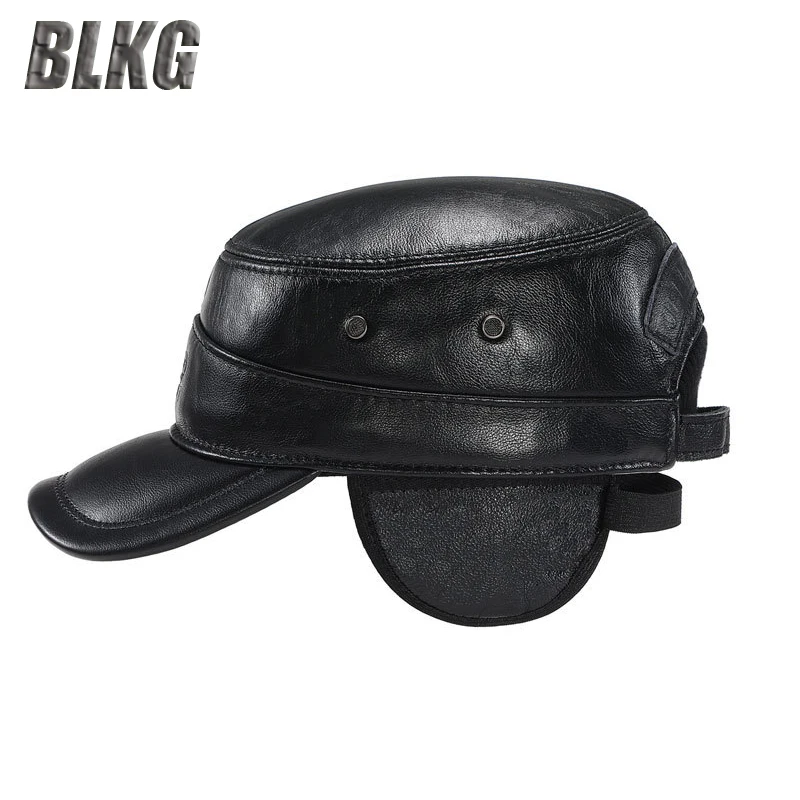 

Brand Autumn Winter Genuine Leather Cap Men Adjustable Size Windproof Earmuffs Hat Cowhide Flat Cap For Men Gorras Hombre