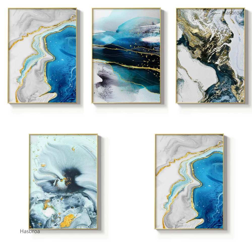 Абстрактная Картина на холсте акварель река золотые линии настенный плакат