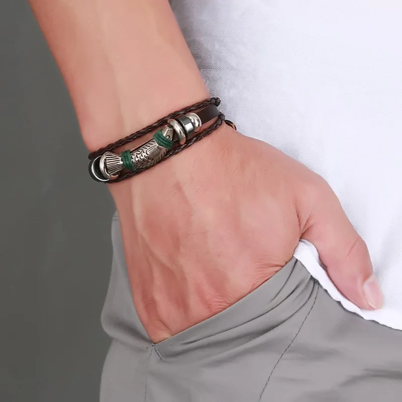 Мужской кожаный браслет для форели с оттенком в коричневом плетеном ремешке