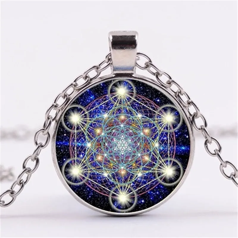 

Metatron Cube Sacred Geometry Flower of Life Jewelry Cabochon Glass Pendant Chain Necklace for Women's Girl Creative Gifts