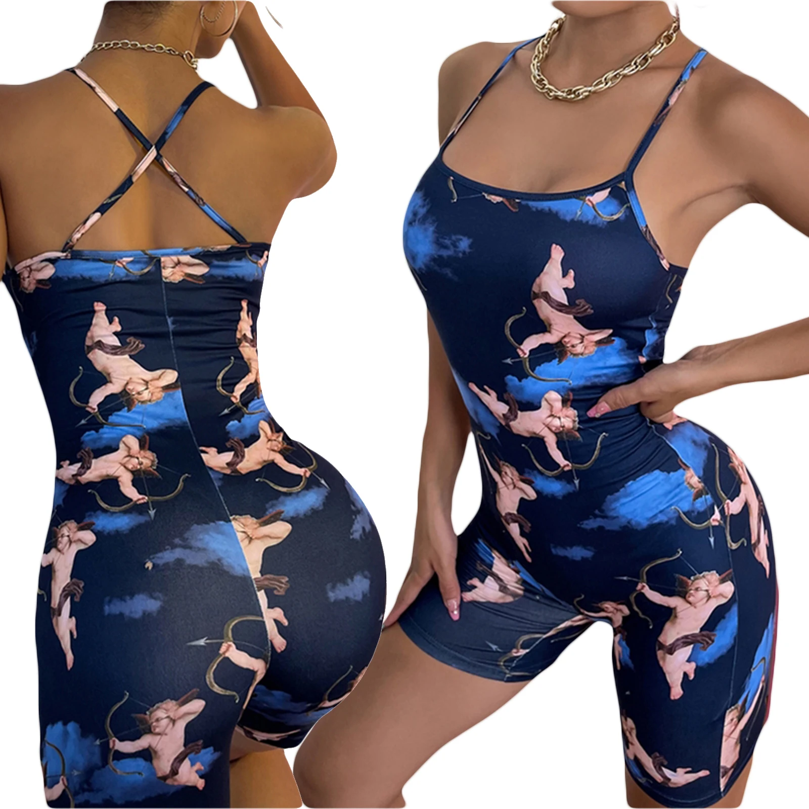 

Fashion Slim Women Summer Rompers,Oil Painting Printed Spaghetti Strap Sleeveless Backless Jumpsuits for Girls, Navy Blue