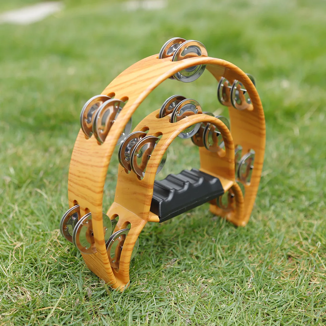 Double Half Moon Tambourine Percussion Musical Instruments Hand Bell Drum for Party KTV with Wood Handle Metal Jingle Bells | Спорт и