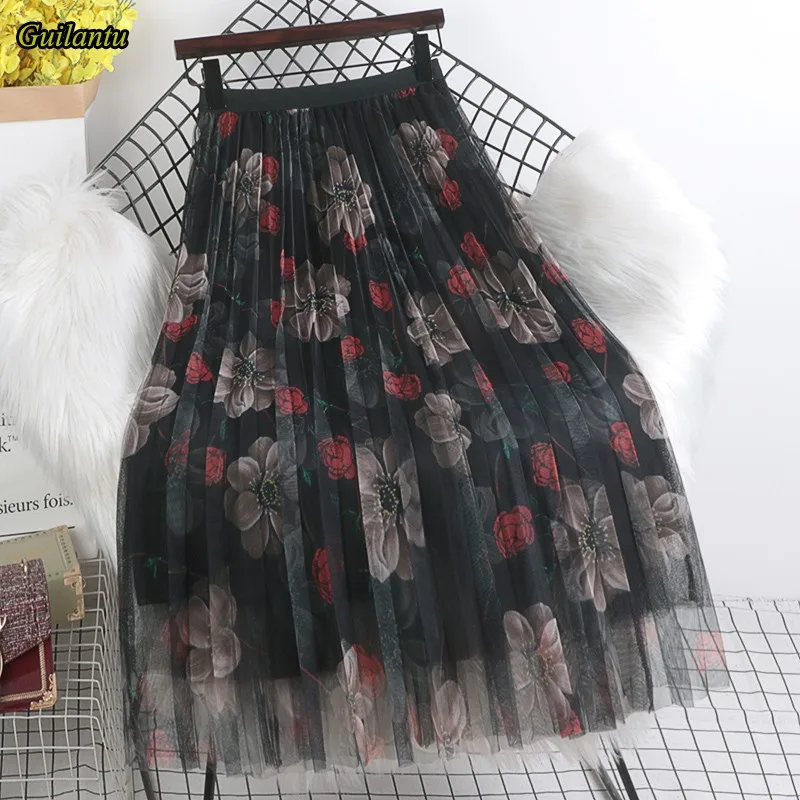 

Guilantu 2021 High-waisted Vintage Long Skirt Korean Women Clothes spring summer Mesh Print Floral Pleated A Line Skirt Female