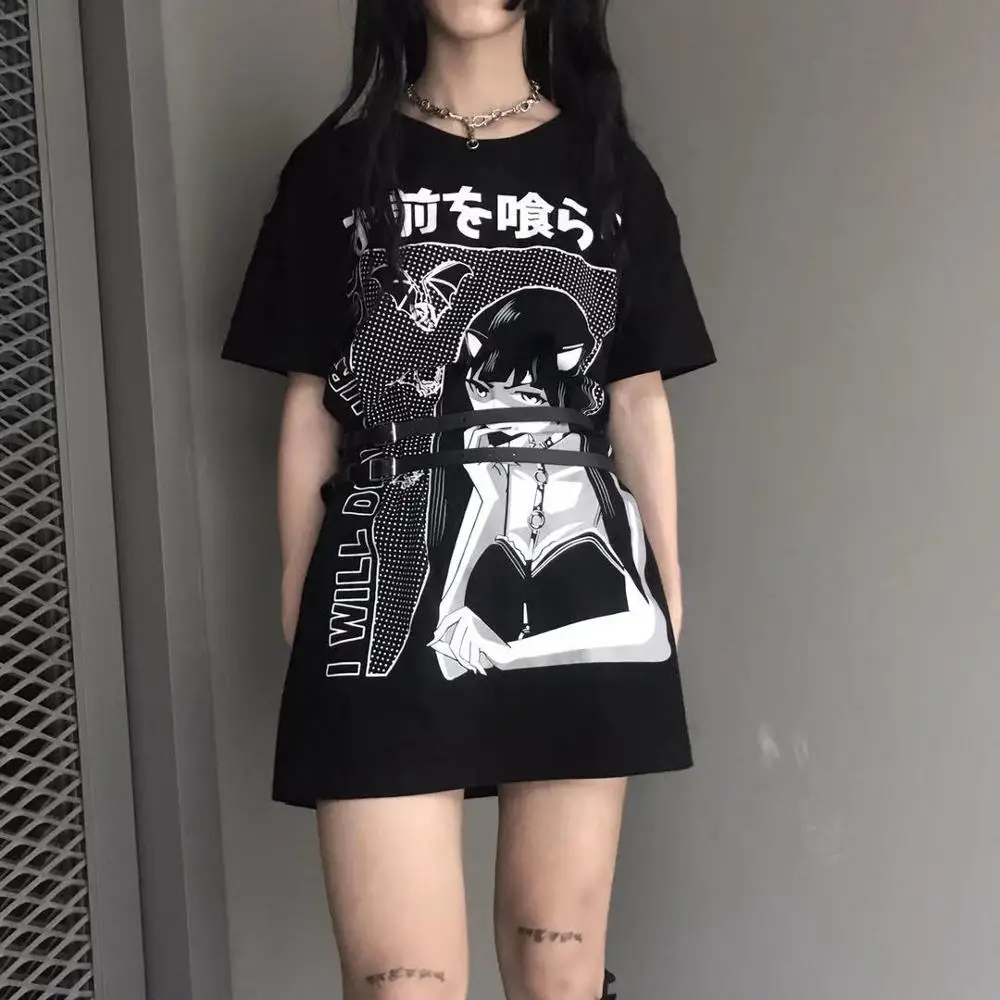 InsGoth Harajuku Свободные Длинные футболки женские готические уличные большие черные