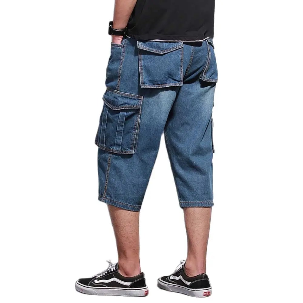 

New Fashion Cargo Denim Shorts Men Casual Straight Loose Baggy Short Jeans Big Pocket Streetwear Male Clothing