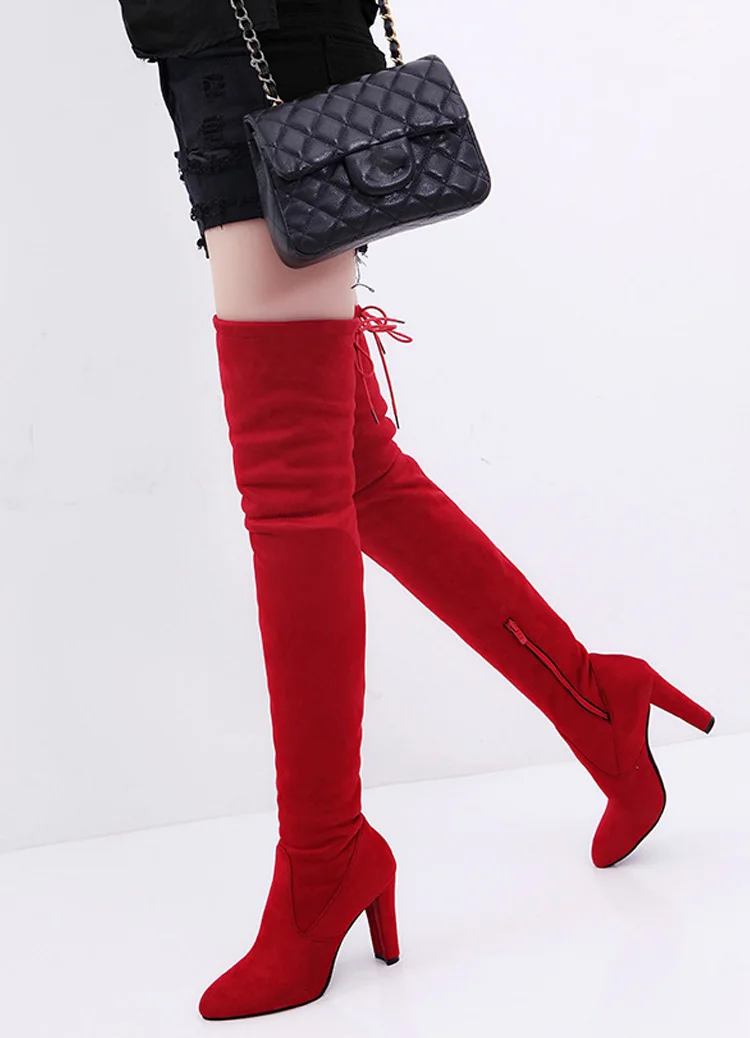 Облегающие Женские сапоги женская зимняя обувь замшевые выше колена женские