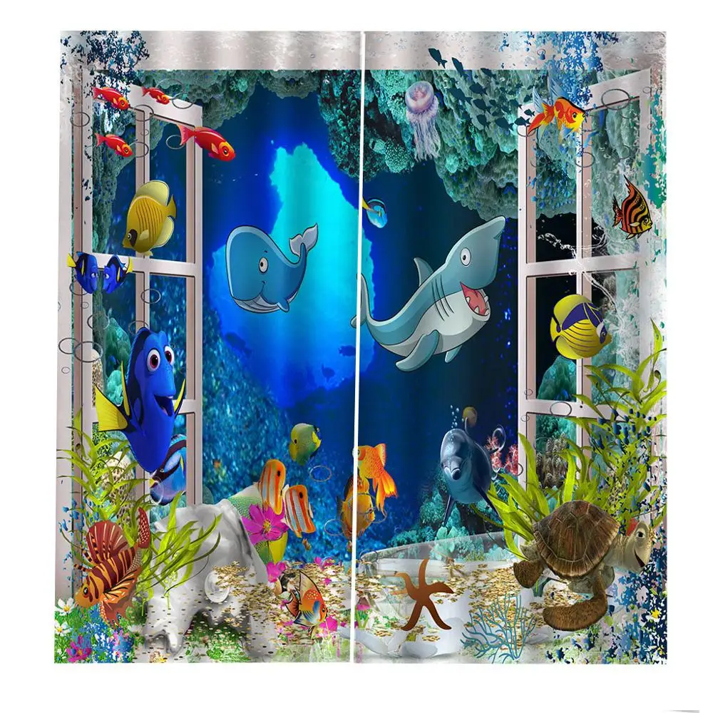 

Custom 3D Curtain Cartoon underwater world Curtains For Children's room Blackout Curtains home Indoor DecorLeft and right side