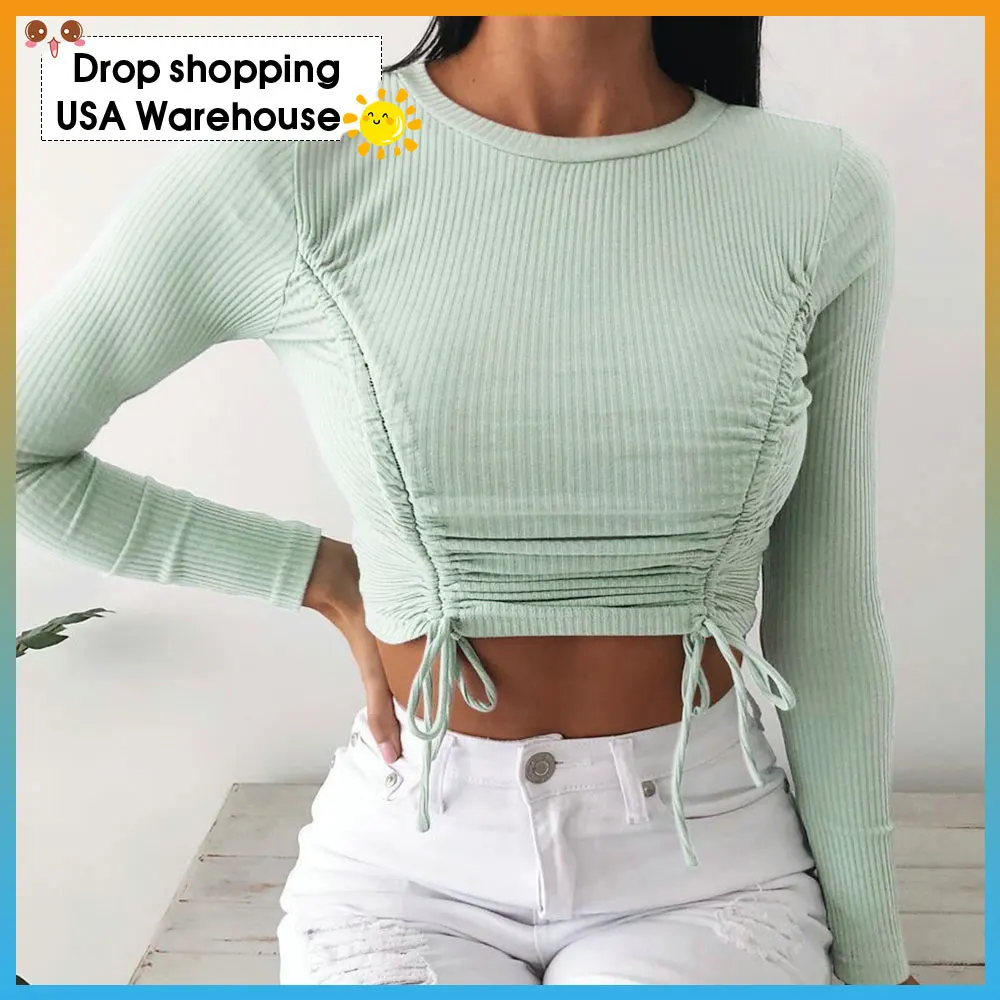 

Летний женский сексуальный круглый вырез сплошной цвет шнурок наряд до талии с длинным рукавом Верхняя одежда футболка harajuku топы для женщи...