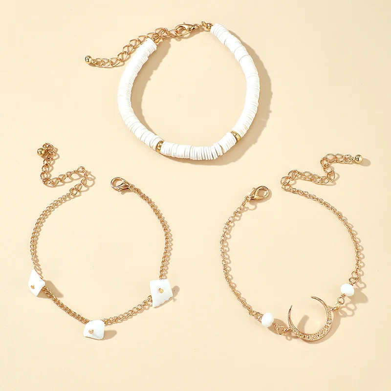 

Bohemian New Soft Ceramic Bracelet For Women White Moon Gold Metal Charm Multilayered Chain Bracelet Bangle Boho Beach Jewelry