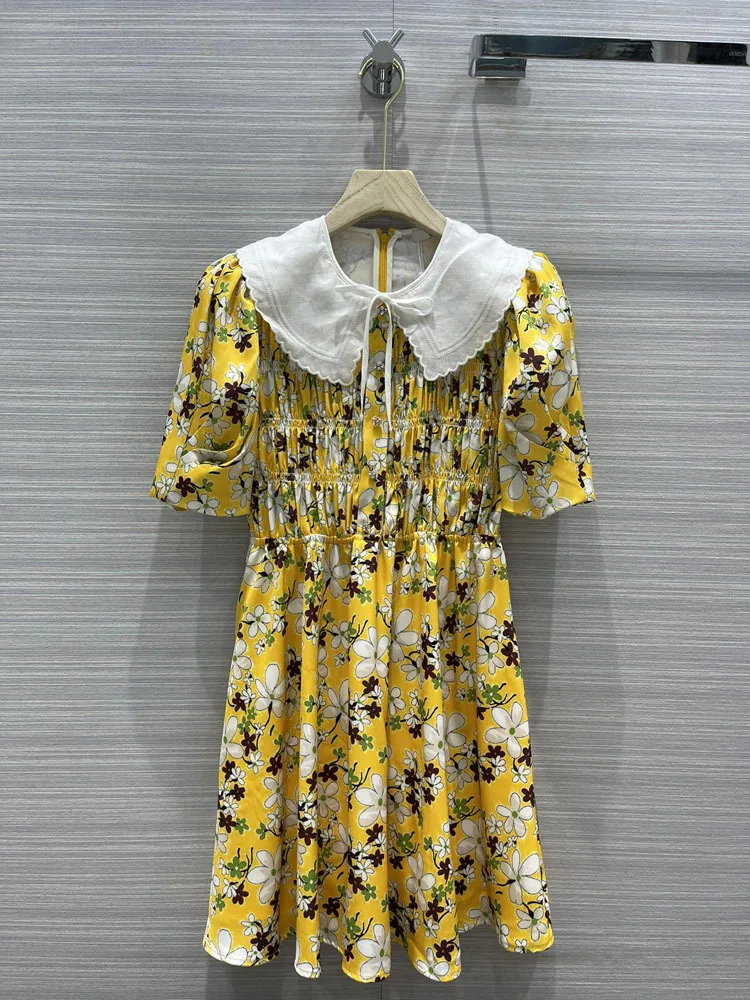 

Printed Floral Luxury Brand Mini Dresses Women 2021 Spring Summer New Lapels Puff Sleeve Pleated Sweet A-line Short Dress