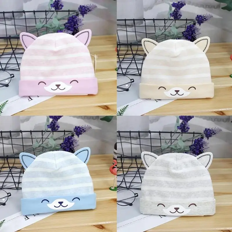 Милая шапка для новорожденных цветная хлопковая в полоску с изображением