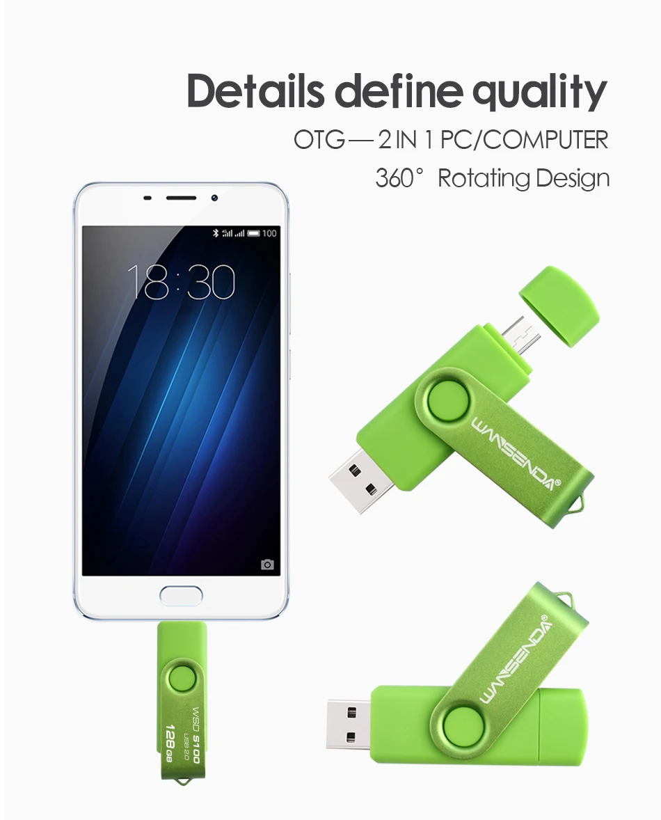 Новинка WANSENDA OTG USB флеш-накопитель 128 ГБ Вращающаяся ручка-накопитель 8 ГБ 16 ГБ 32 ГБ 64 Гб 256 ГБ Флешка 2 в 1 карта памяти Micro USB