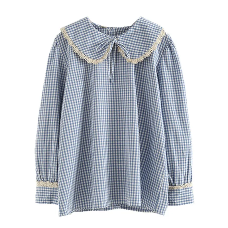 

Lamtrip Back Buttons Up Unique Japanese QUality Peter Pan Collar Long Sleeve Pliad Lace Edge Kawaii Sweet Shirt Blouse