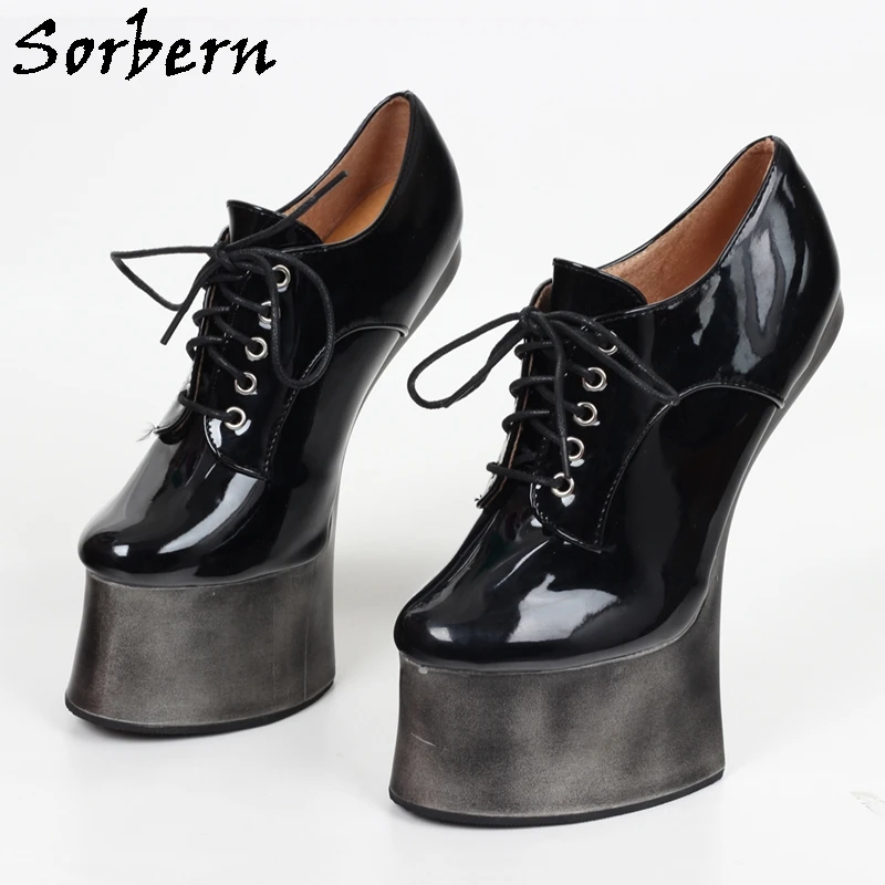 Sorbern Black Xdresser Pump Shoes Women Hoof Sole Heelless Lady Fetish Horse Heels Shoe Lace Up Pumps Custom Cololrs