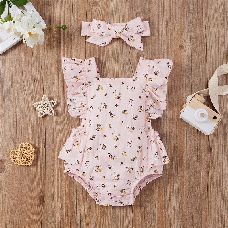 

Newborn Toddlers Baby Girls 2Pcs Clothes Sets Tie-Up Ruffled Short Sleeve Square Collar Romper & Bowknot Headband For 0-24M Girl