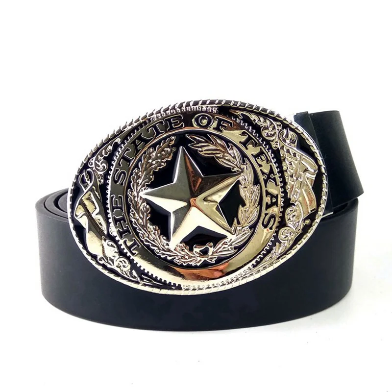 Black PU Leather Casual Men Belts with Big Metal Buckle THE STATE OF TEXAS Star Western Cowboy Accessories Fashion Male Gifts