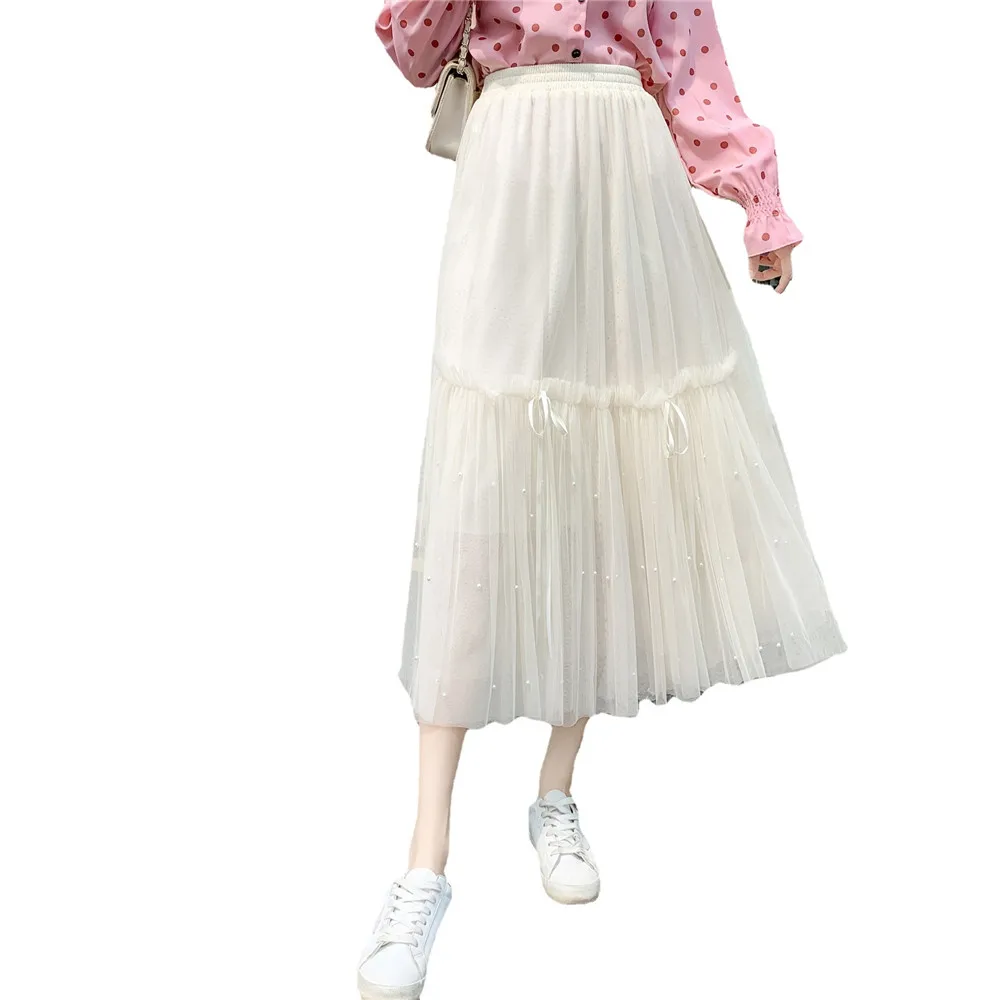 

2021 Mesh Maxi Skirts Spring & Summer New Mid-length Yarn Beaded Princess Skirt A-line Long Skirt for Young Women BSQ401