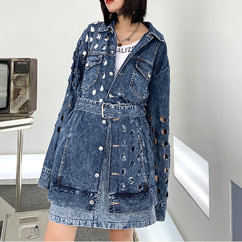 

SeeBeautiful Lapel Long Sleeve Button Pockets Holes Belt Large Size Denim Jackets Coat Woman Autumn 2021 New Tide Fashion T126