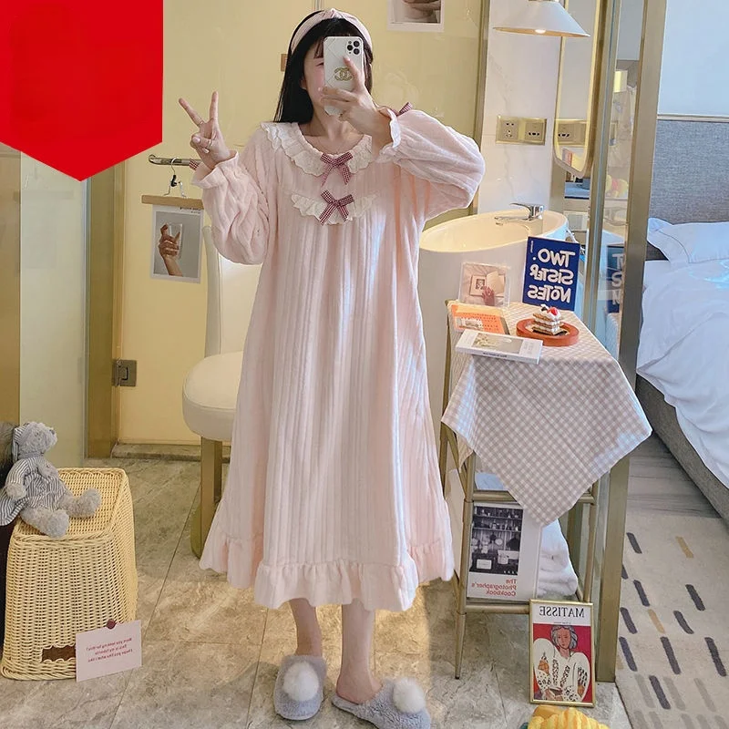 

Nightgowns Women Winter Thick Coral Velvet Flannel Sweet Home Clothes Homewear Korean Fashion Femme Sleepshirts Nightdress F105